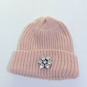 29 Palms Rib Knit Warm Hat with Rhinestone Embellishment Rose Pink One size